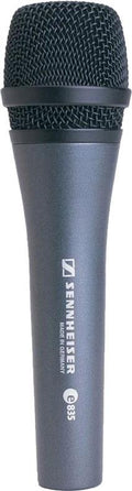 Handheld black and gray microphone with a metal mesh head and brand text on the body.
