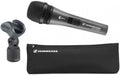 Black Sennheiser microphone with clip and zippered pouch on white background