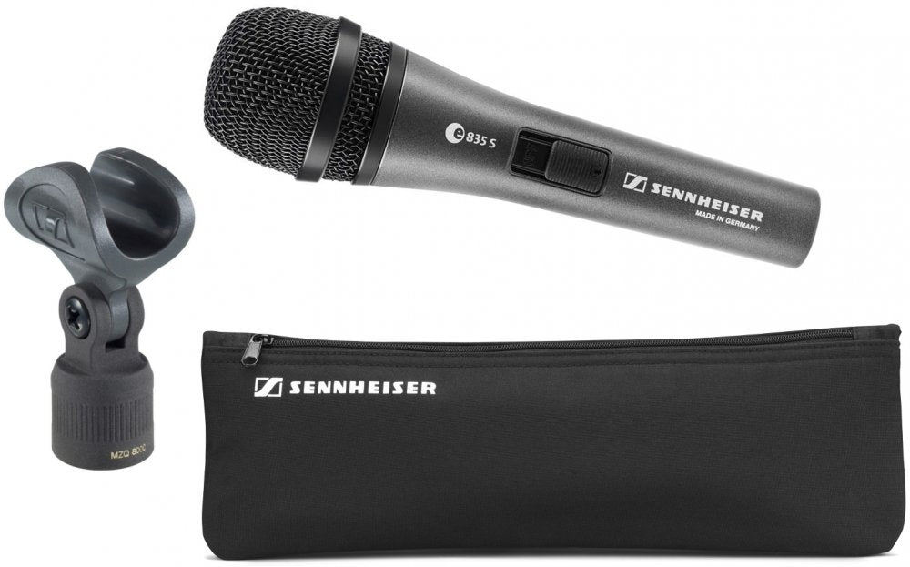Black Sennheiser microphone with clip and zippered pouch on white background