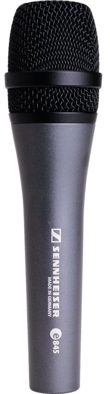 Handheld microphone with black grille and gray body labeled SENNHEISER e 845.