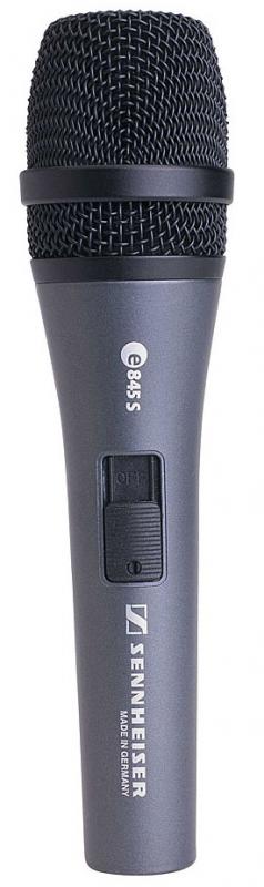 Black handheld microphone with metal mesh grille and on/off switch labeled e 845 S by Sennheiser.