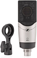 Silver and black microphone with grille and separate black plastic mount adapter shown.