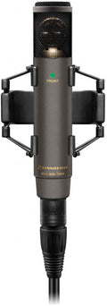 Front view of a Sennheiser MKH 800 TWIN microphone with shock mount and connected cable.