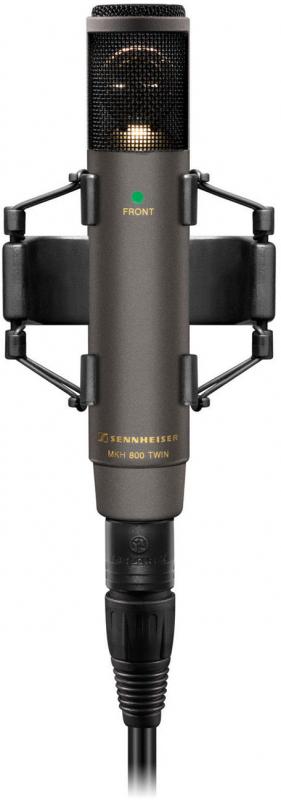 Front view of a Sennheiser MKH 800 TWIN microphone with shock mount and connected cable.