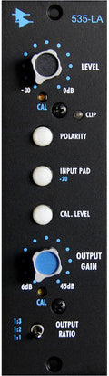 Front panel of an audio device with knobs and buttons labeled for level, polarity, input pad, output gain, and output ratio.