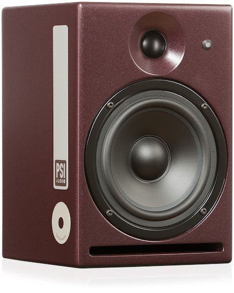 Red studio monitor speaker with visible woofer, tweeter, and PSI Audio branding on front and side.