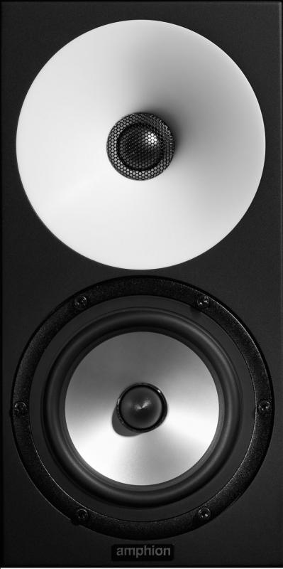 Front view of a black studio monitor speaker with white tweeter horn and silver woofer cone.