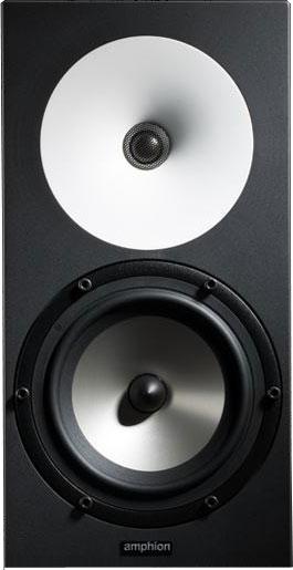 Front view of a black and white Amphion studio monitor speaker with visible tweeter and woofer.