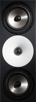 Black studio monitor speaker with two silver woofers and a white circular midrange with a central tweeter.