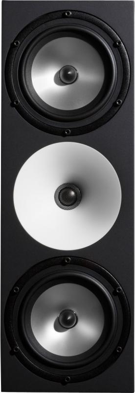 Front view of a black studio monitor speaker with two silver woofer cones and a central white tweeter cone with a mesh cover.