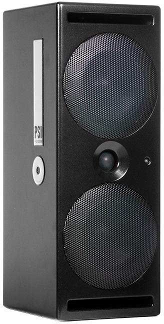 Black rectangular studio monitor speaker with two visible speaker drivers and PSI audio branding on the side.