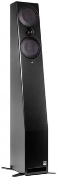 Tall black floor-standing speaker with two large drivers and one smaller driver covered by metal mesh.