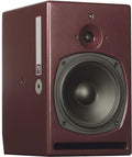 Dark red studio monitor speaker with a tweeter, woofer, and front bass port.