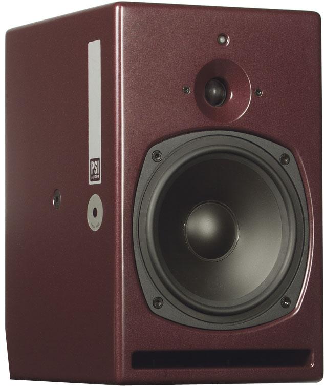 Dark red studio monitor speaker with a tweeter, woofer, and front bass port.