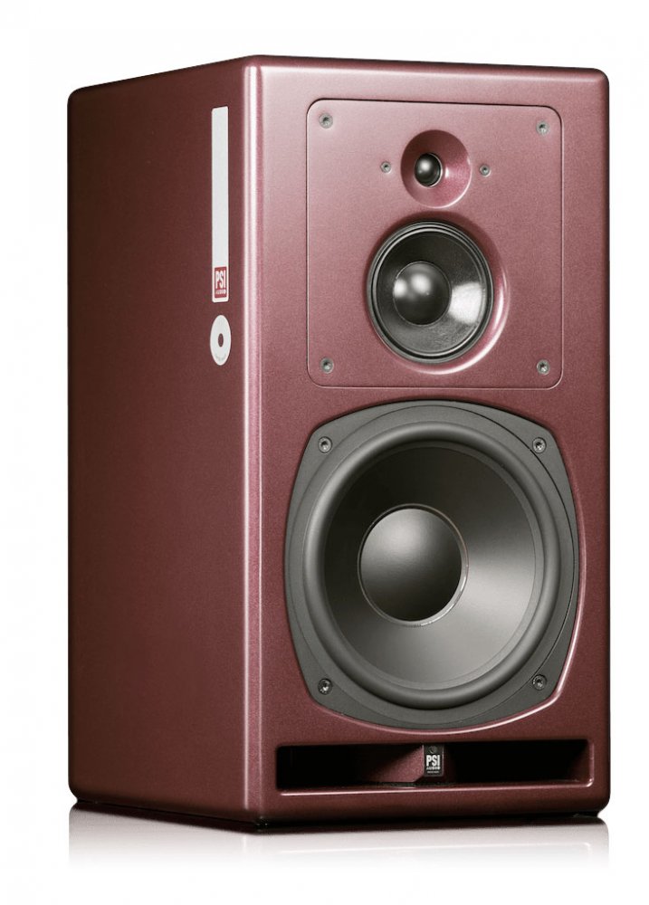 Red studio monitor speaker with visible tweeter, midrange, and woofer drivers.