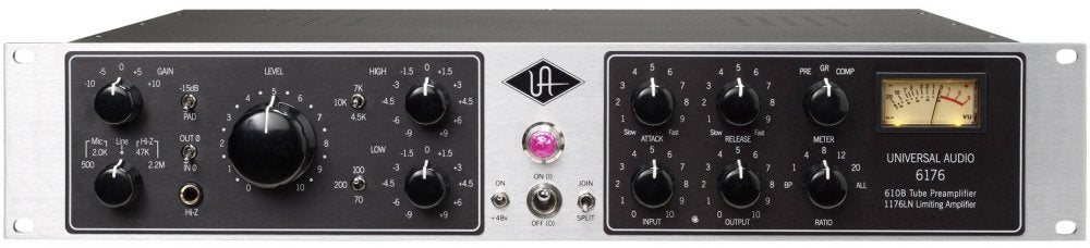Front panel of Universal Audio 6176 audio equipment with knobs, switches, and a VU meter.