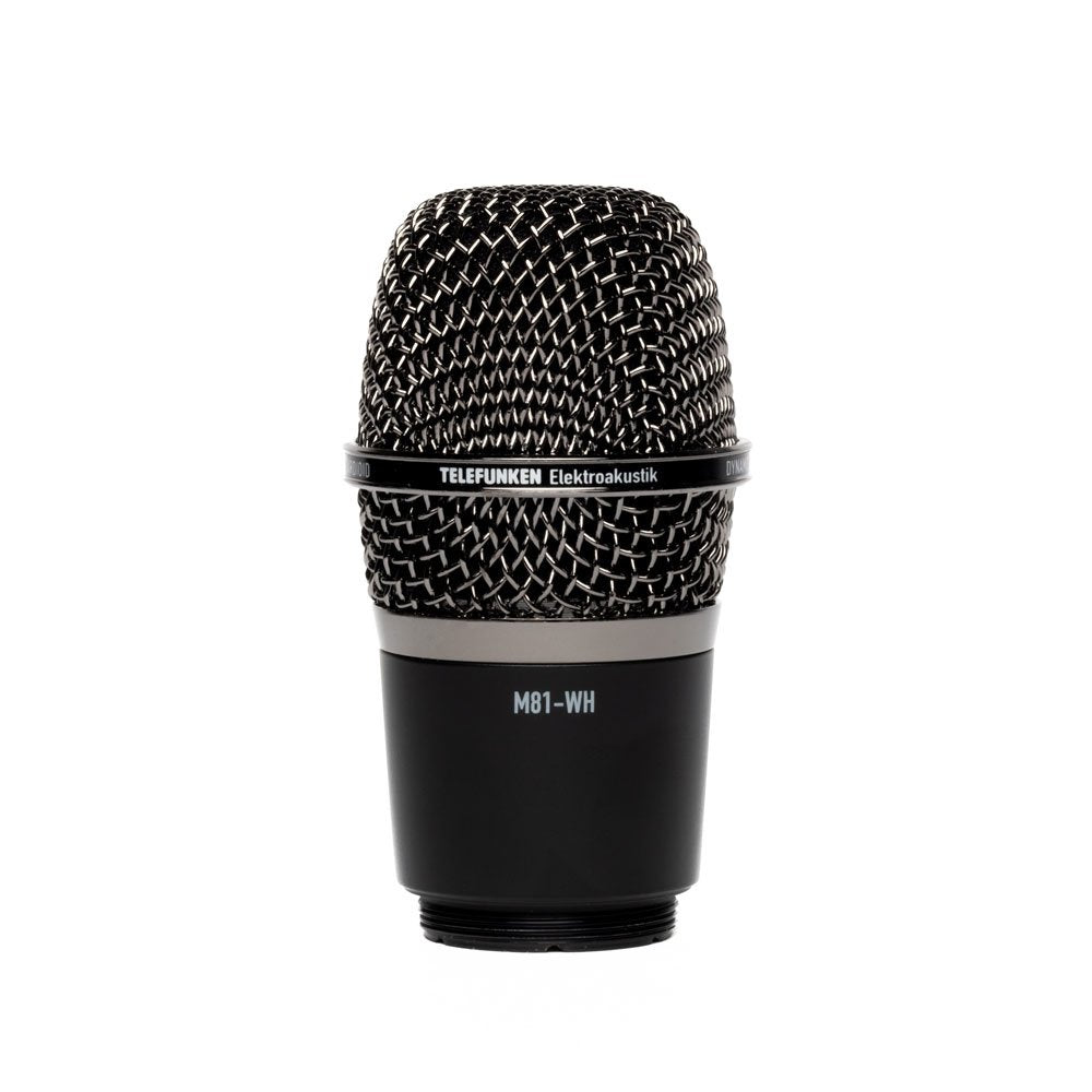 Close-up view of a black TELEFUNKEN microphone capsule with silver mesh grille and model name M81-WH.