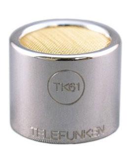 Small silver cylindrical microphone capsule with gold mesh top and TELEFUNKEN branding.