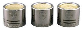 Three silver cylindrical microphone capsules with beige foam tops arranged in a row.