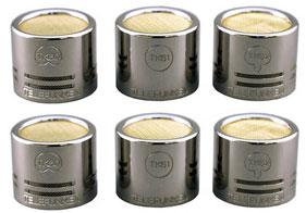 Six silver cylindrical microphone capsules arranged in two rows of three with yellow foam tops