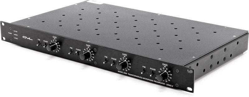 Black rackmount microphone preamplifier unit with multiple gain knobs and phase switches.
