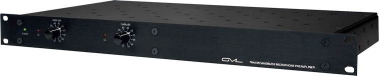 Black 1U rackmount microphone preamplifier with two gain control knobs and indicator LEDs.