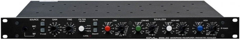 Front view of a black 1U rackmount microphone preamplifier and parametric equalizer with multiple knobs, switches, and a 1/4 inch input jack.