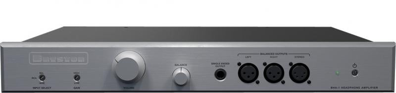Silver audio headphone amplifier with volume, balance, gain controls and multiple output ports on front panel.
