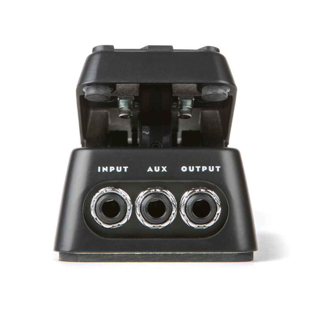 Black expression pedal showing input, aux, and output 1/4 inch audio jacks from front view.