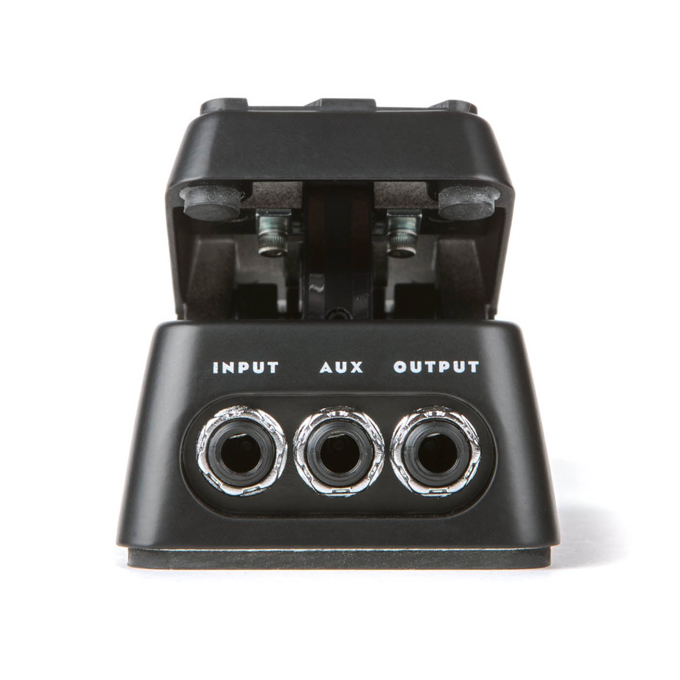 Black expression pedal showing input, aux, and output 1/4 inch audio jacks from front view.