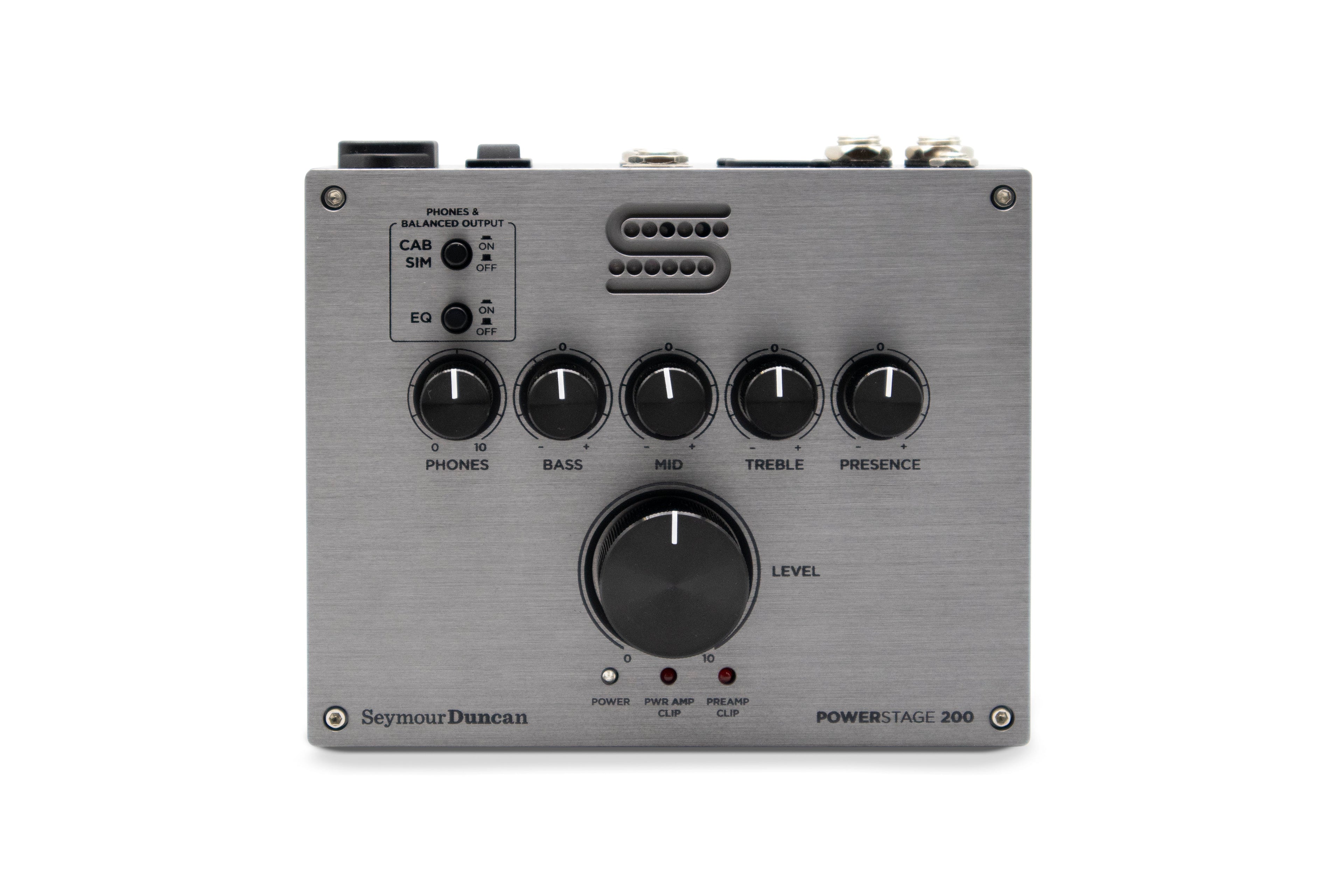Front view of a gray Seymour Duncan Power Stage 200 amp pedal with five rotary knobs and two toggle switches.