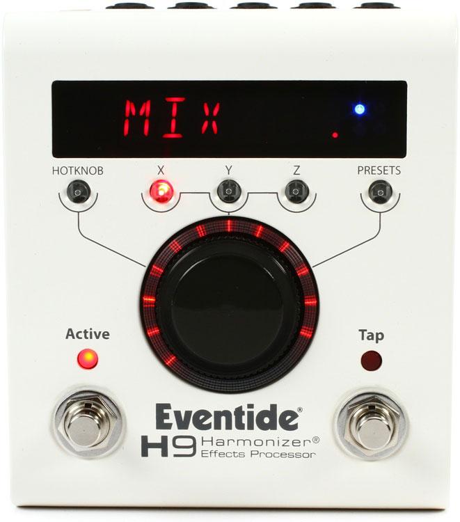 White Eventide H9 Harmonizer effects processor pedal with display, rotary knob, toggle switches, and footswitches.