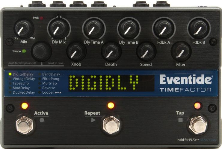Black Eventide TimeFactor delay pedal with multiple control knobs, footswitches, and a digital display showing 'D1DIOLY'.