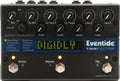 Black Eventide TimeFactor delay pedal with multiple control knobs, footswitches, and a digital display showing 'D1DIOLY'.