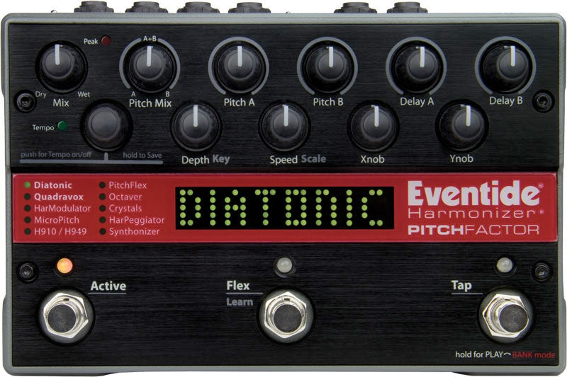 Top view of an Eventide PitchFactor harmonizer pedal showing knobs, footswitches, and a digital display.