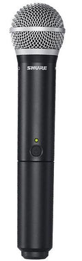 Black and silver handheld microphone with a mesh grille and a button on the body with a green indicator light.