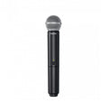 Black wireless handheld microphone with a silver metal mesh grille and a button on the body.