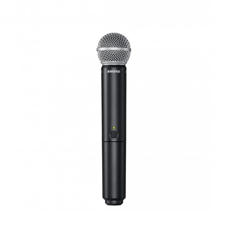 Black wireless handheld microphone with a silver metal mesh grille and a button on the body.