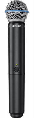 Black wireless handheld microphone with silver mesh grille and power button lit with green indicator.