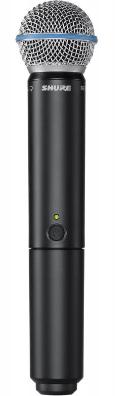 Black wireless handheld microphone with silver mesh grille and power button lit with green indicator.
