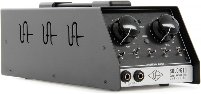 Black and silver audio device with control knobs, switches, and 1/4 inch jacks labeled DI/THRU-1 and DI/THRU-2.