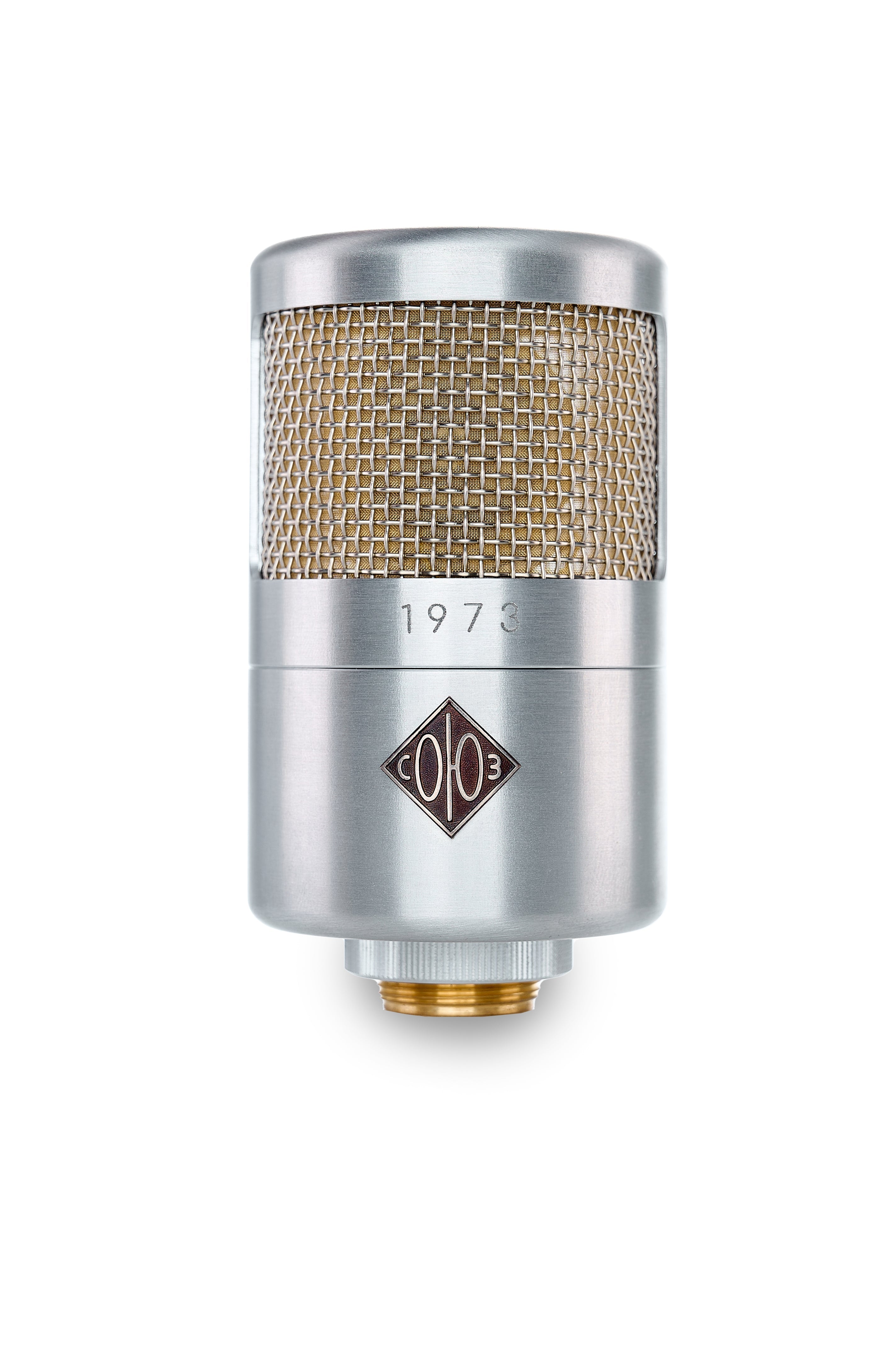 Silver cylindrical microphone with metal mesh grille and threaded connector, labeled 1973 with a diamond-shaped logo.