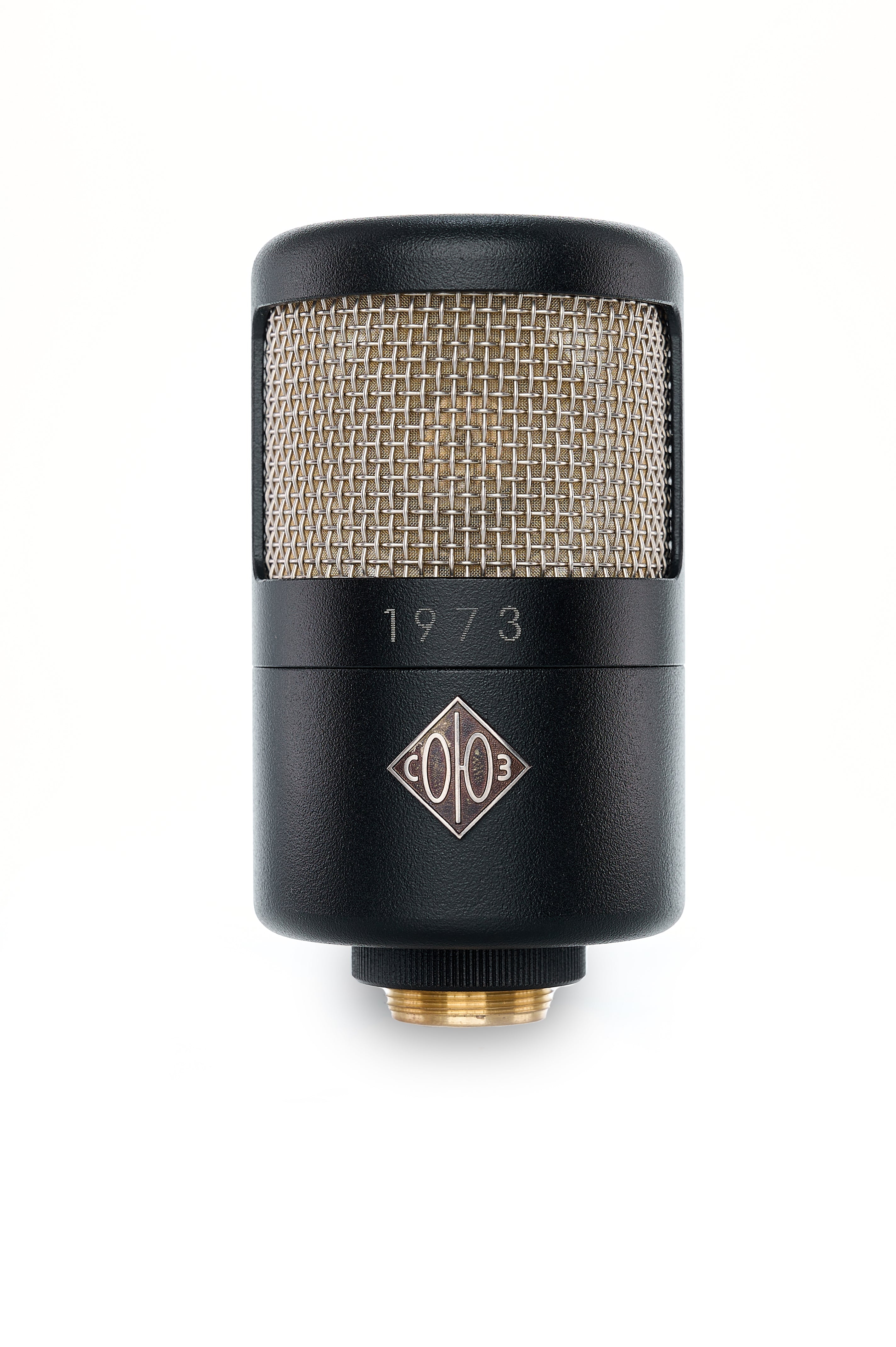 Black studio microphone with metal mesh grille and threaded metal connector at the bottom.