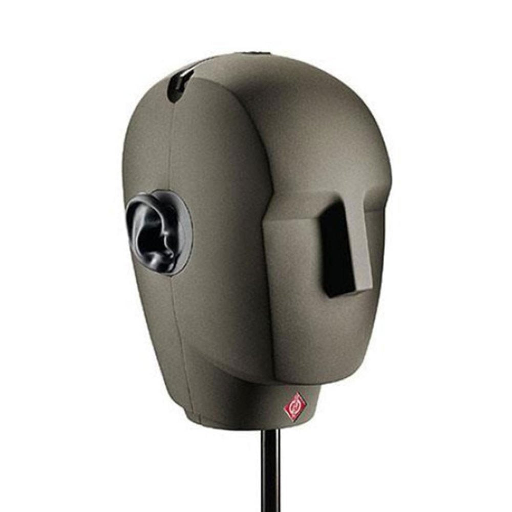 Gray dummy head microphone with black ears mounted on a stand shown on white background.