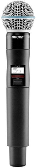 Black wireless handheld microphone with silver mesh grille and digital display showing channel information.