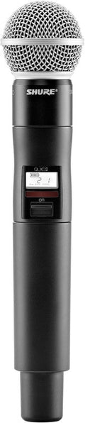 Black and silver handheld microphone with metal grille and on/off switch labeled SHURE QLXD2.