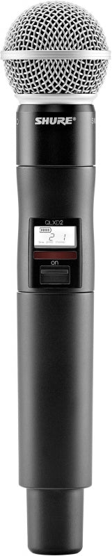 Black and silver handheld microphone with metal grille and on/off switch labeled SHURE QLXD2.