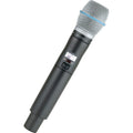 Handheld wireless microphone with metal mesh grille, black body, slide switch, and a display label.