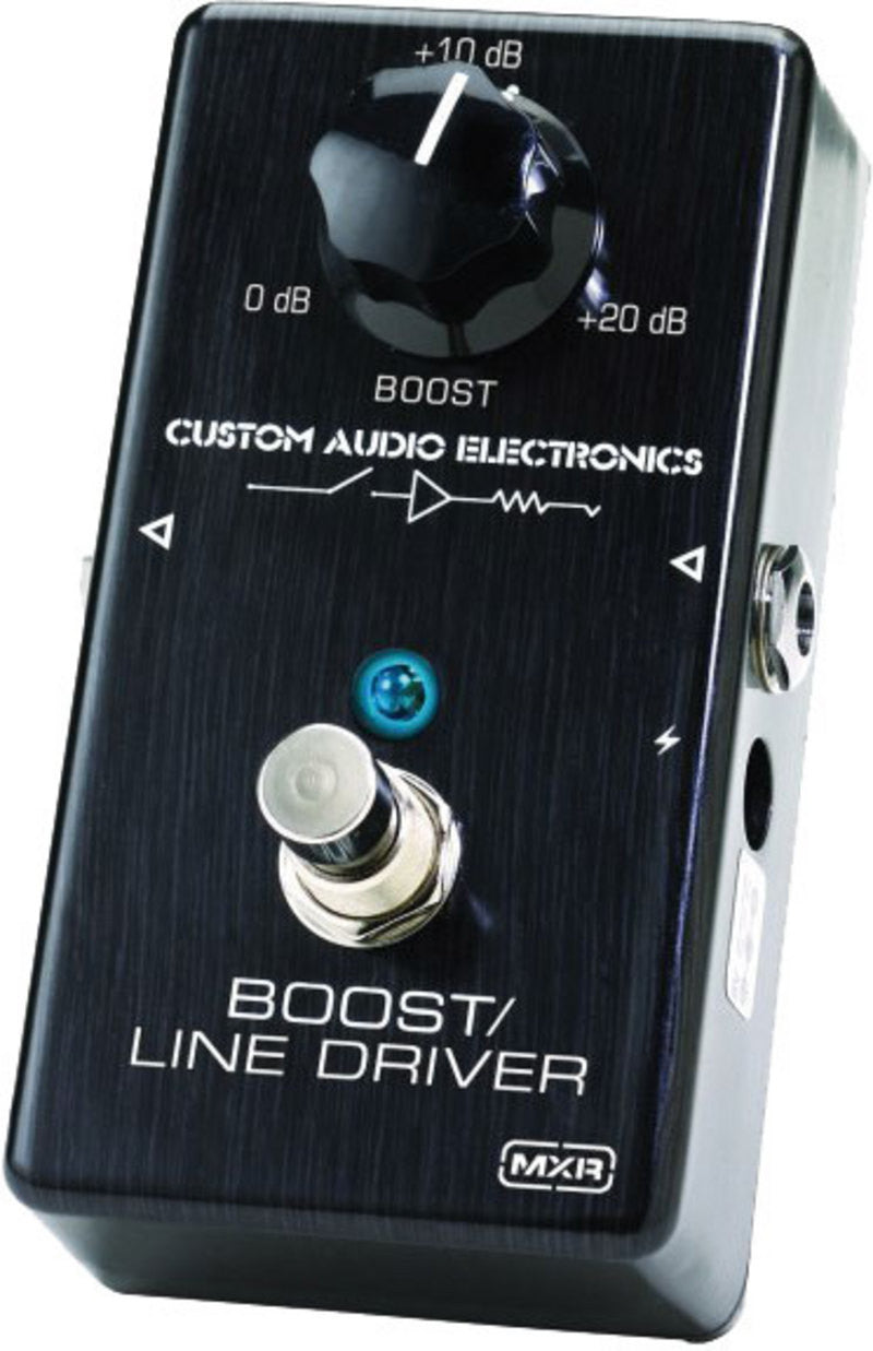 Black guitar effects pedal with a boost knob, footswitch, blue LED, and one visible jack socket on the side.