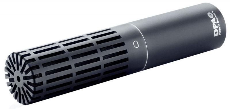 Black cylindrical microphone body with a grille-covered capsule end and DPA logo on the side.